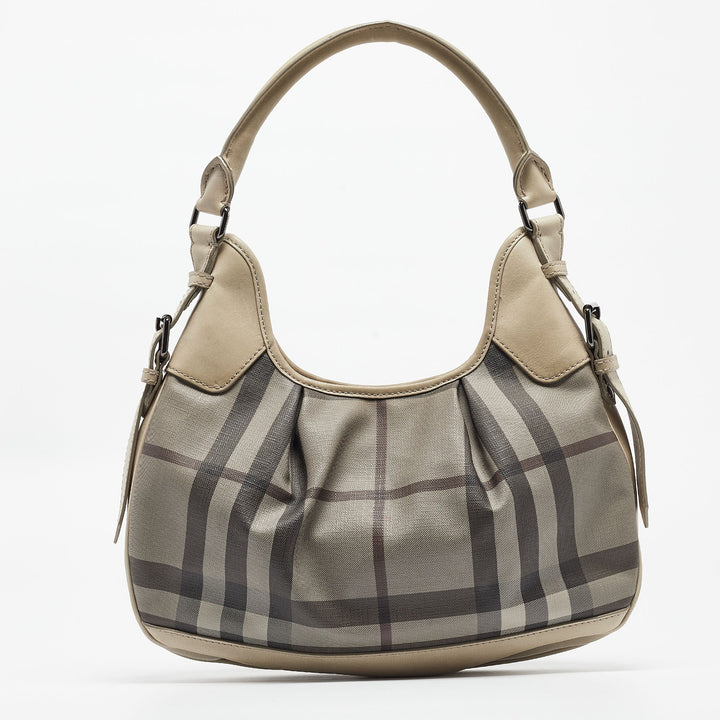 BURBERRY Light Beige Smoked Check Coated Canvas and Leather Small Brooklyn Hobo