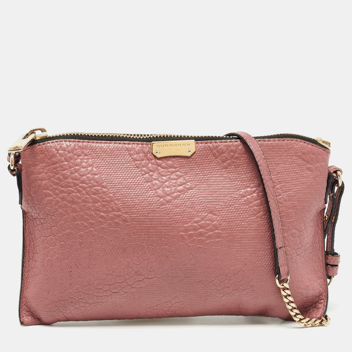 BURBERRY Rose Pink Signature Grain Check Embossed Leather Peyton Crossbody Bag