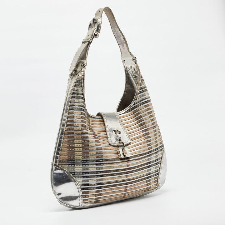 BURBERRY Silver/Beige House Check Coated Canvas and Patent Leather Brooke Hobo