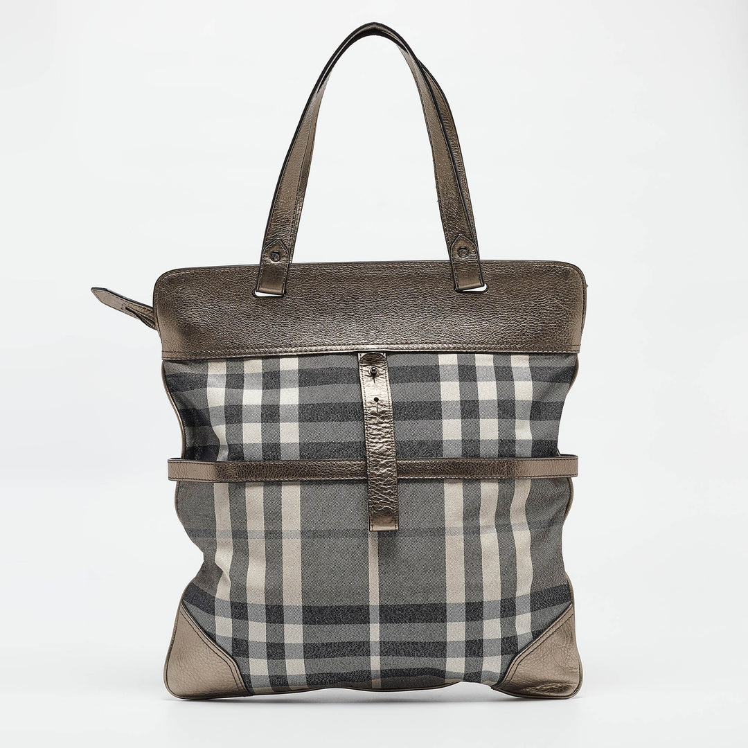 BURBERRY Metallic House Check Canvas and Leather Flat Tote