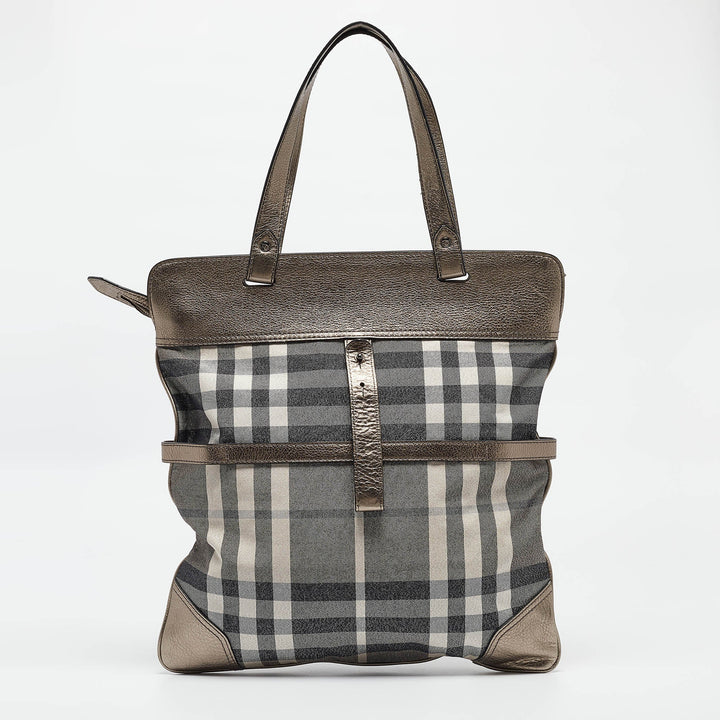 BURBERRY Metallic House Check Canvas and Leather Flat Tote