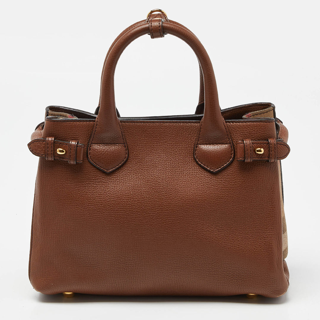 BURBERRY Brown/Beige Leather and House Check Fabric Small Banner Tote