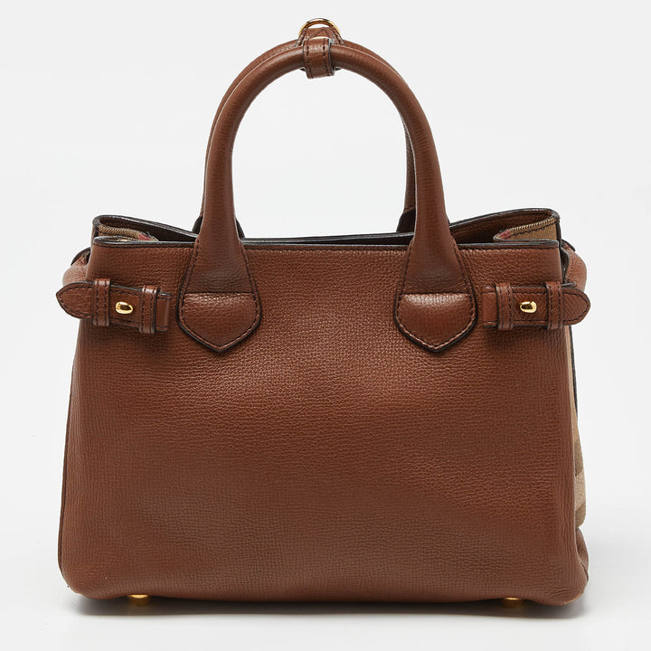 BURBERRY Brown/Beige Leather and House Check Fabric Small Banner Tote