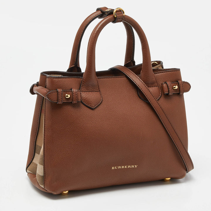 BURBERRY Brown/Beige Leather and House Check Fabric Small Banner Tote