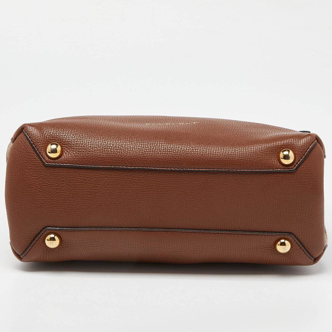 BURBERRY Brown/Beige Leather and House Check Fabric Small Banner Tote