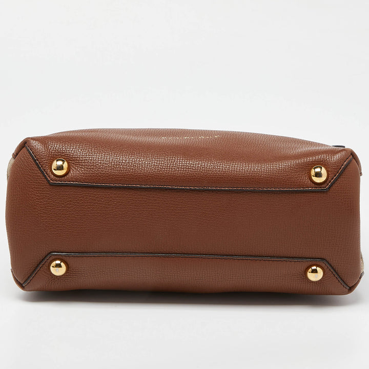 BURBERRY Brown/Beige Leather and House Check Fabric Small Banner Tote