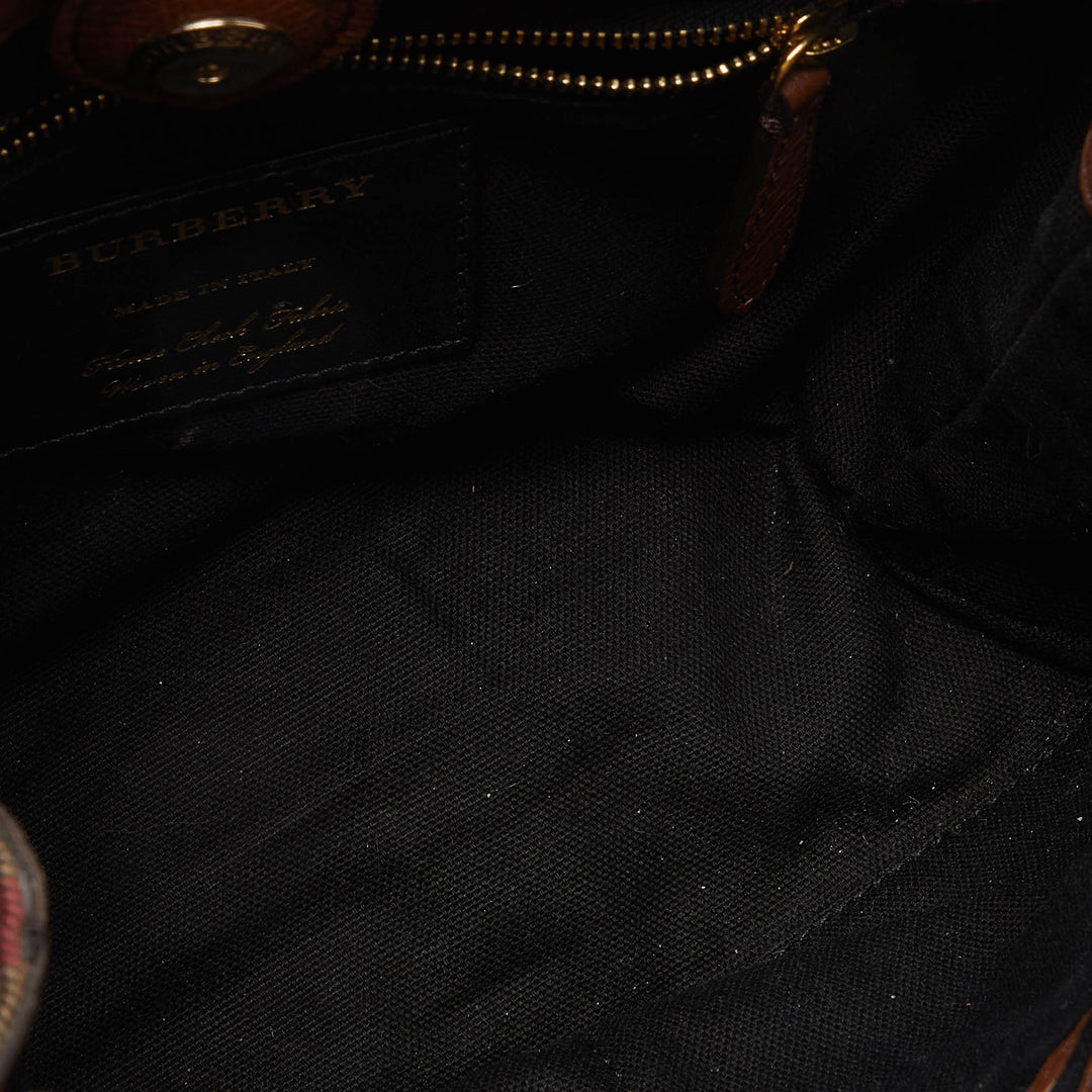 BURBERRY Brown/Beige Leather and House Check Fabric Small Banner Tote