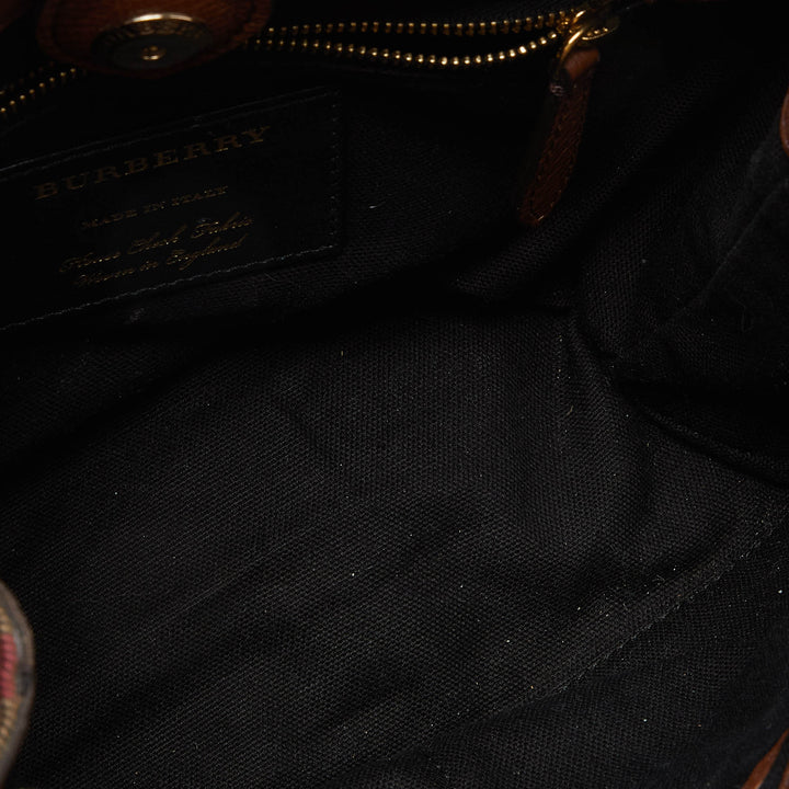 BURBERRY Brown/Beige Leather and House Check Fabric Small Banner Tote