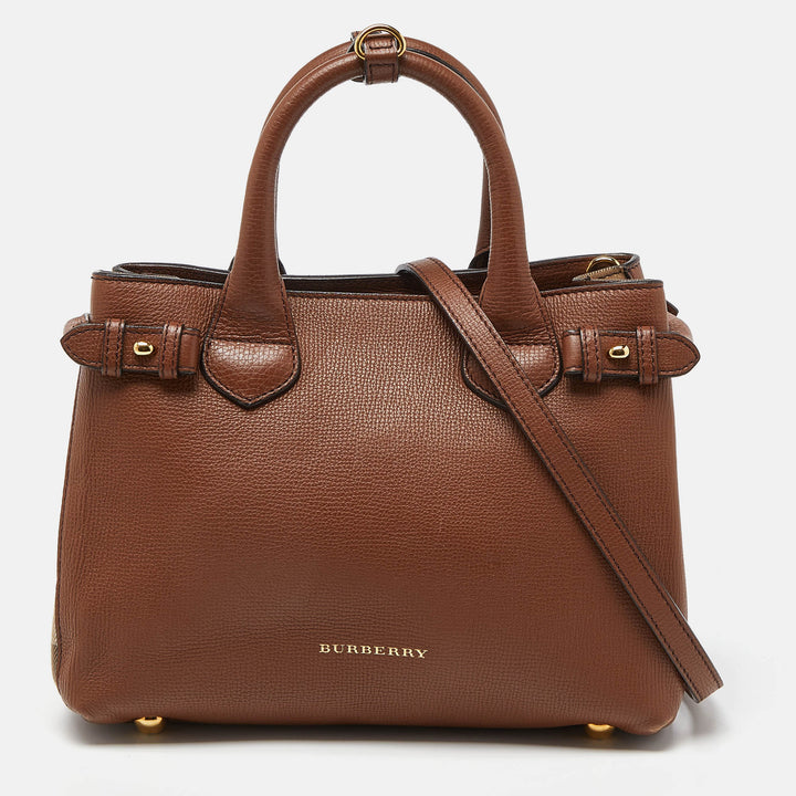 BURBERRY Brown/Beige Leather and House Check Fabric Small Banner Tote