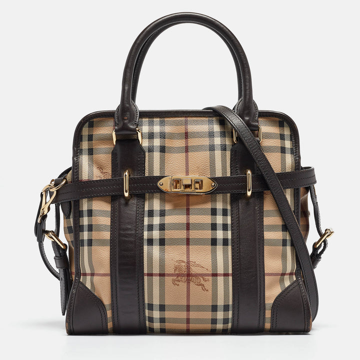 BURBERRY Choco Brown/Beige Haymarket Check Coated Canvas and Leather Minford Satchel