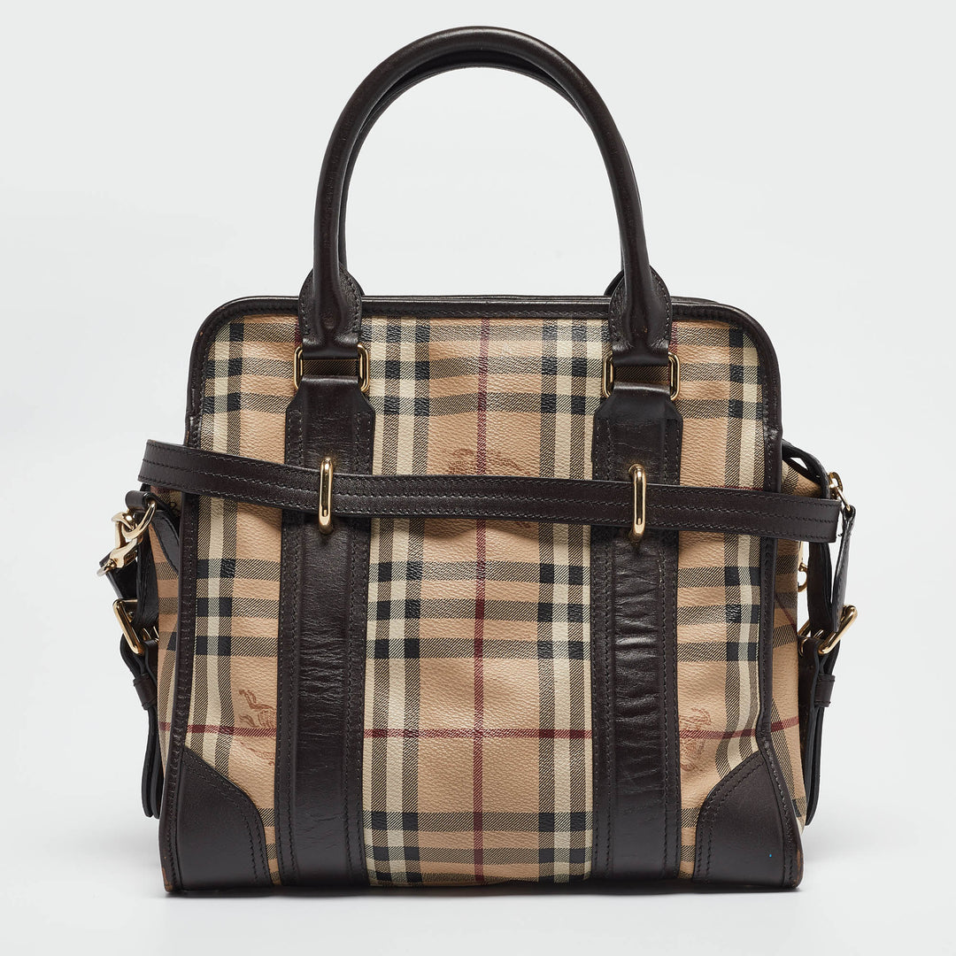 BURBERRY Choco Brown/Beige Haymarket Check Coated Canvas and Leather Minford Satchel