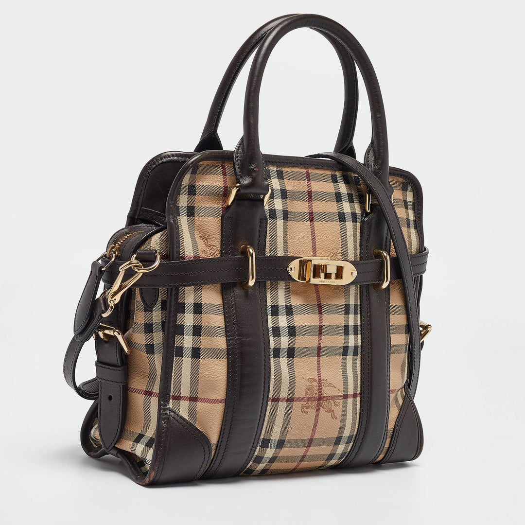 BURBERRY Choco Brown/Beige Haymarket Check Coated Canvas and Leather Minford Satchel