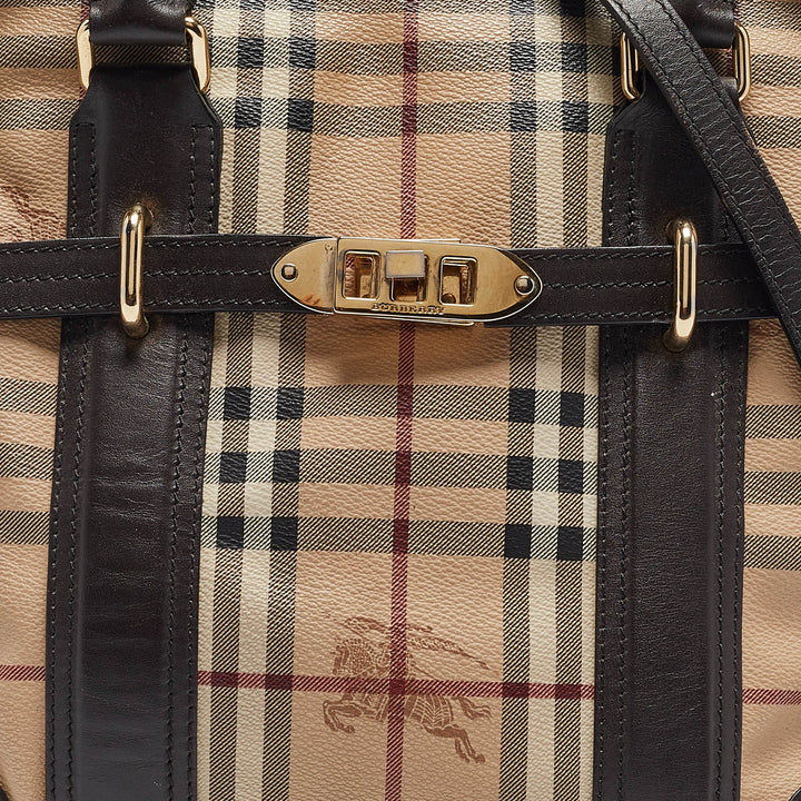 BURBERRY Choco Brown/Beige Haymarket Check Coated Canvas and Leather Minford Satchel