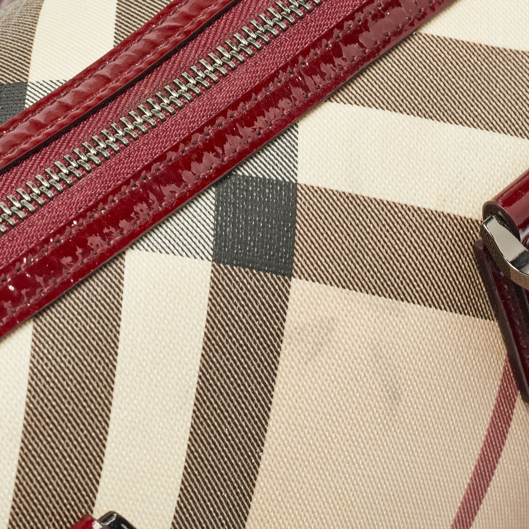 BURBERRY Beige/Red Nova Check PVC and Patent Leather Chester Boston Bag