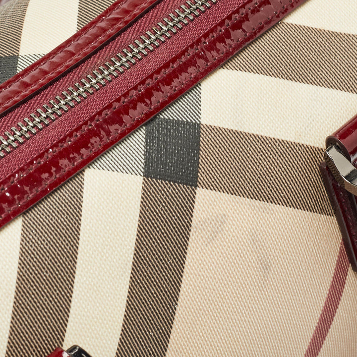 BURBERRY Beige/Red Nova Check PVC and Patent Leather Chester Boston Bag