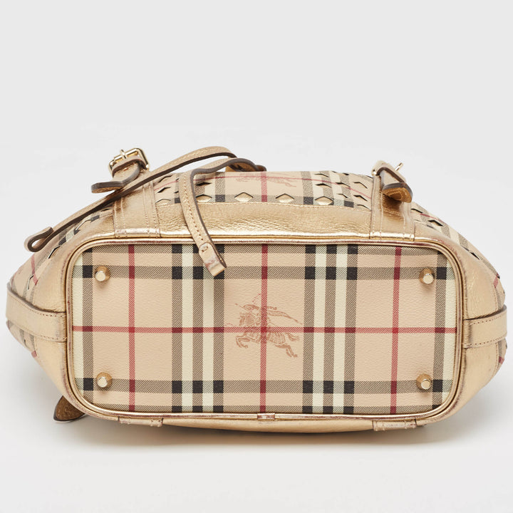 Burberry Gold/Beige Haymarket Check Laser Cut Coated Canvas and Leather Drawstring Tote