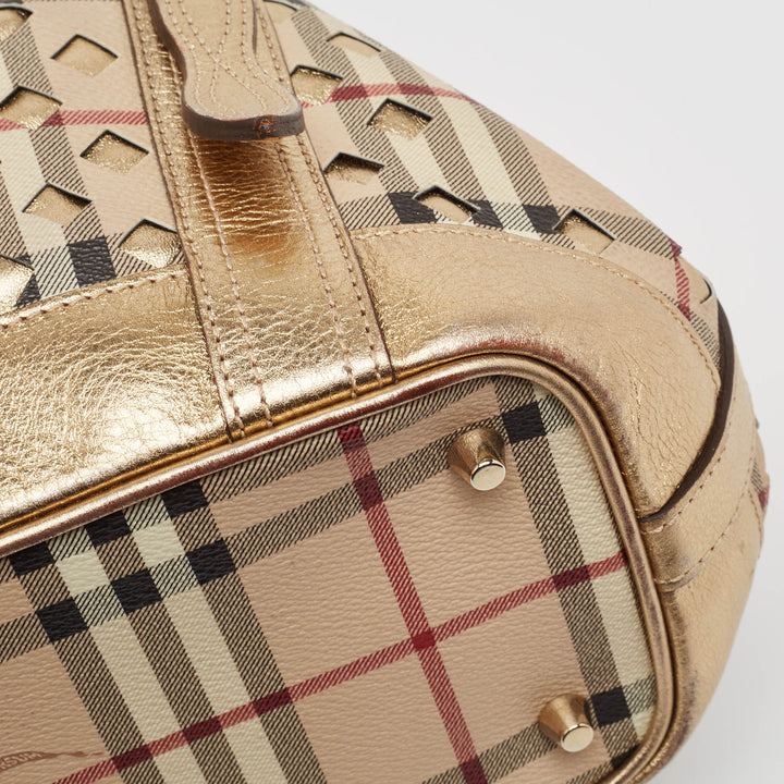 Burberry Gold/Beige Haymarket Check Laser Cut Coated Canvas and Leather Drawstring Tote