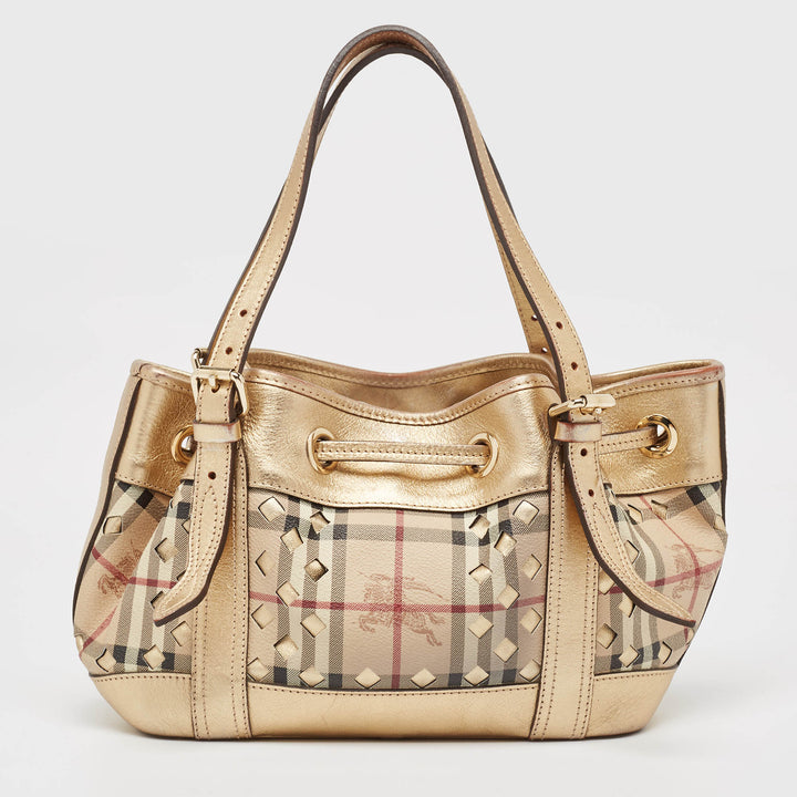 Burberry Gold/Beige Haymarket Check Laser Cut Coated Canvas and Leather Drawstring Tote
