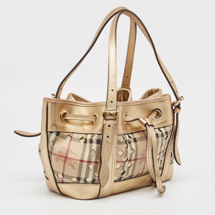 Burberry Gold/Beige Haymarket Check Laser Cut Coated Canvas and Leather Drawstring Tote