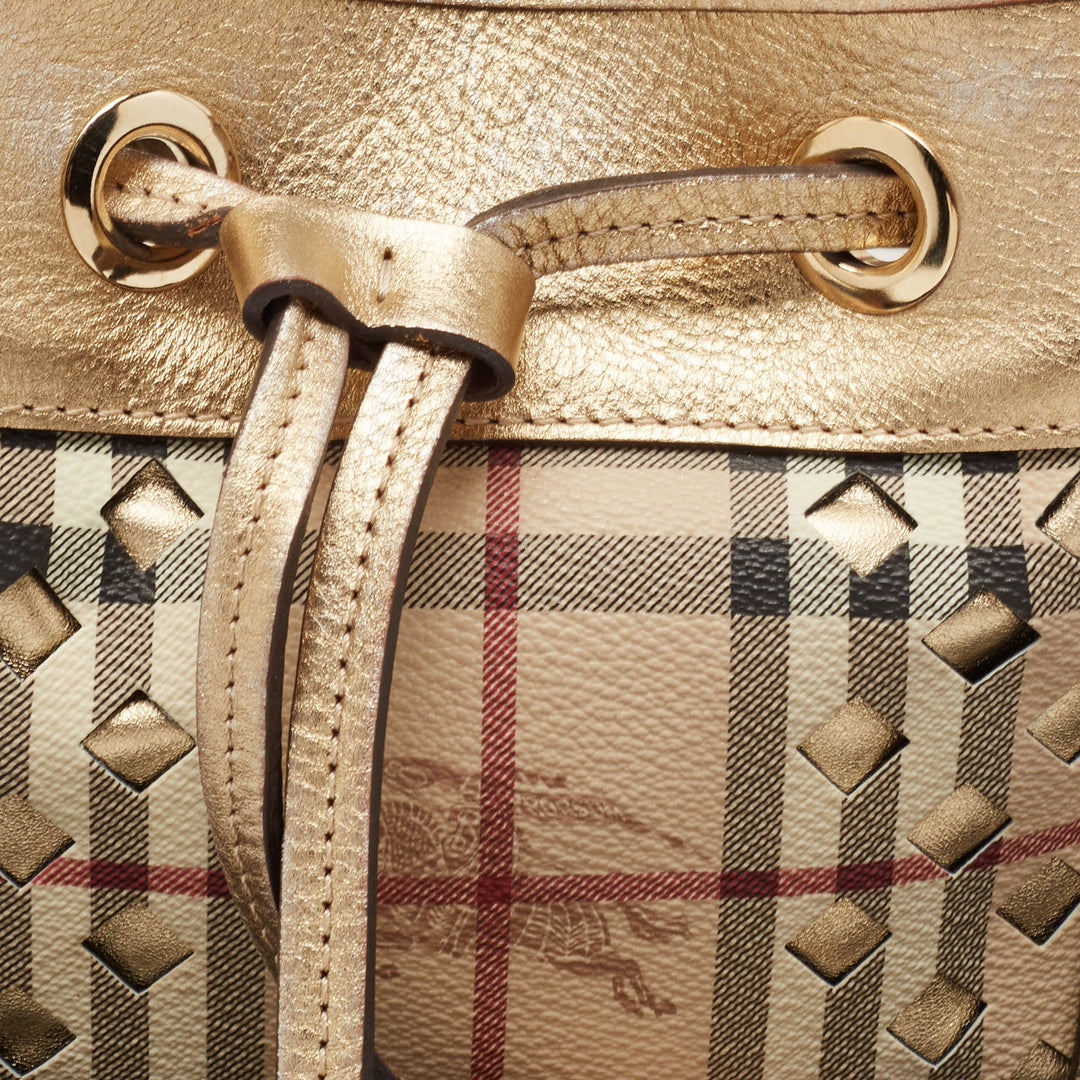 Burberry Gold/Beige Haymarket Check Laser Cut Coated Canvas and Leather Drawstring Tote