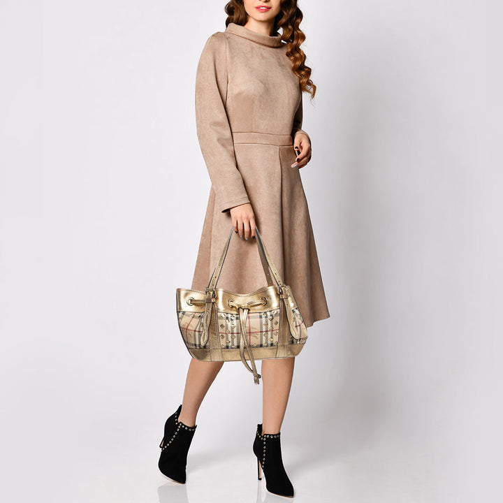 Burberry Gold/Beige Haymarket Check Laser Cut Coated Canvas and Leather Drawstring Tote