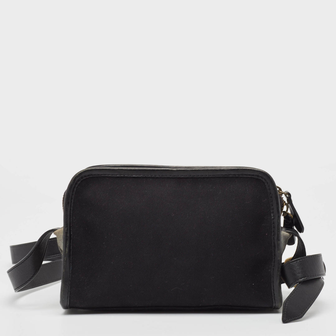 BURBERRY Black Leather and Check Canvas Front Pocket Crossbody Bag