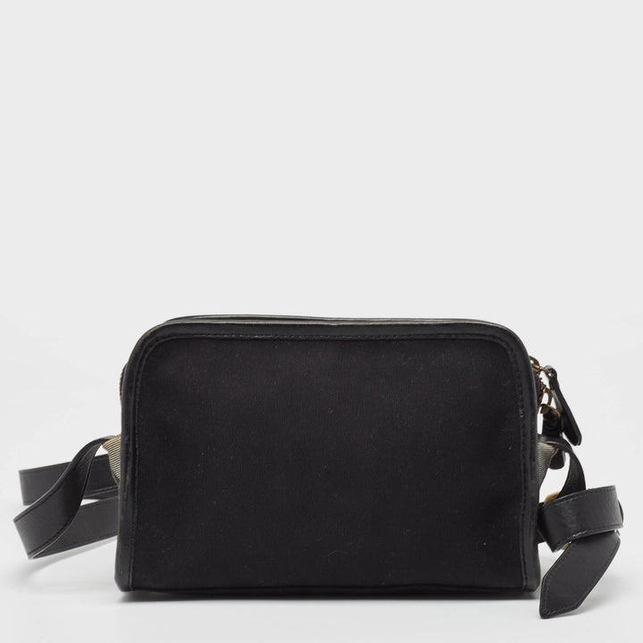 BURBERRY Black Leather and Check Canvas Front Pocket Crossbody Bag