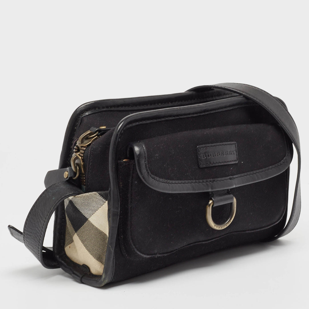 BURBERRY Black Leather and Check Canvas Front Pocket Crossbody Bag