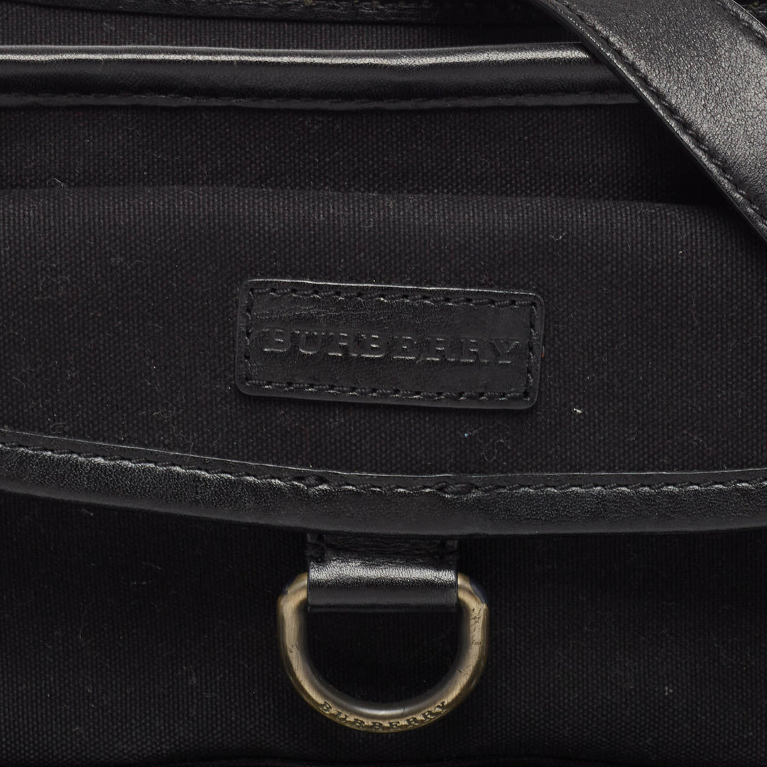 BURBERRY Black Leather and Check Canvas Front Pocket Crossbody Bag