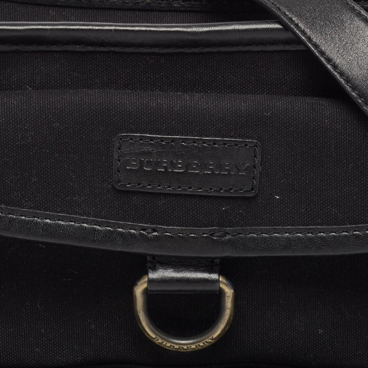 BURBERRY Black Leather and Check Canvas Front Pocket Crossbody Bag