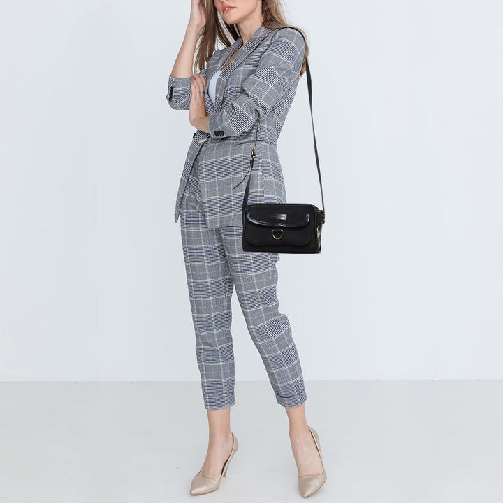 BURBERRY Black Leather and Check Canvas Front Pocket Crossbody Bag