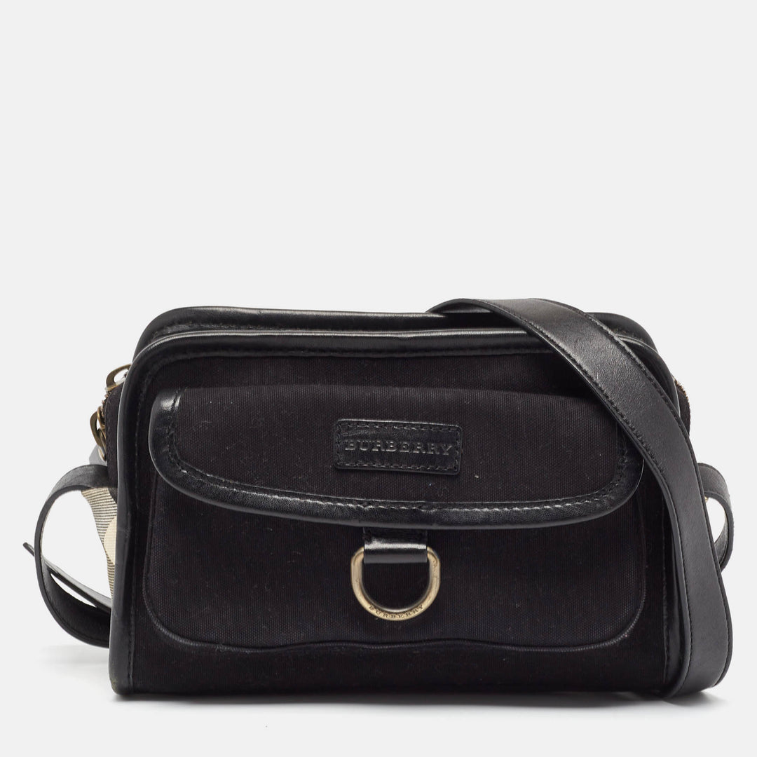 BURBERRY Black Leather and Check Canvas Front Pocket Crossbody Bag