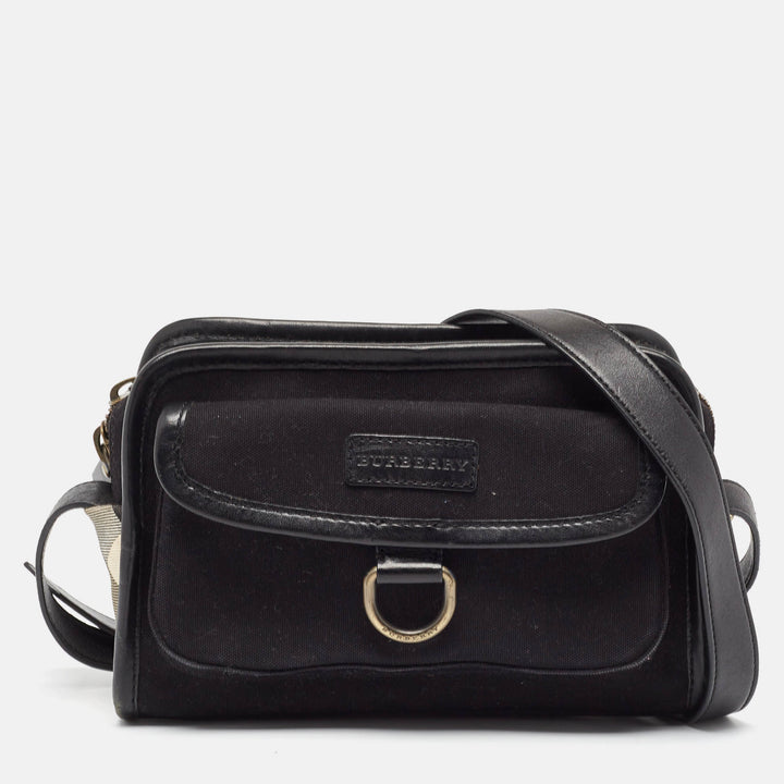 BURBERRY Black Leather and Check Canvas Front Pocket Crossbody Bag