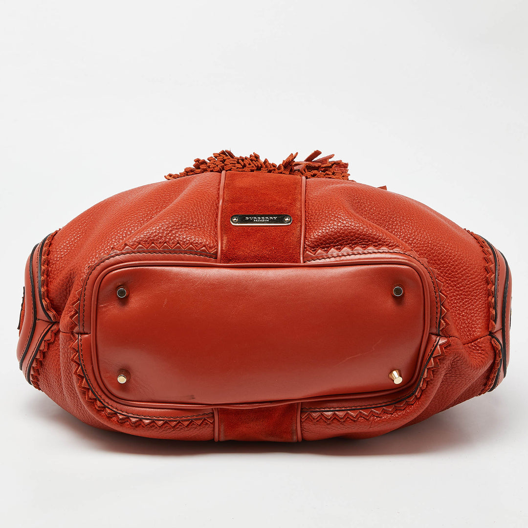 BURBERRY Orange Leather and Suede Tassel Satchel