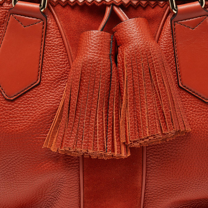 BURBERRY Orange Leather and Suede Tassel Satchel
