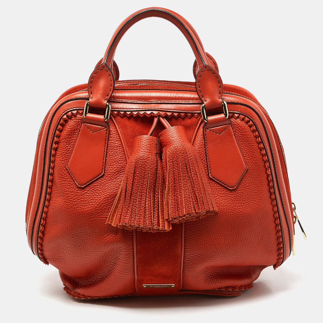 BURBERRY Orange Leather and Suede Tassel Satchel