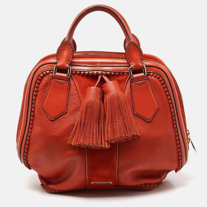 BURBERRY Orange Leather and Suede Tassel Satchel