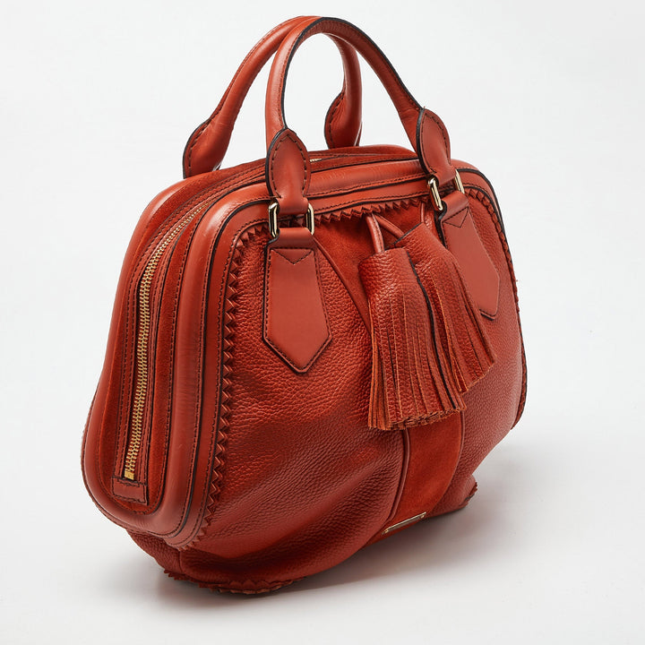 BURBERRY Orange Leather and Suede Tassel Satchel