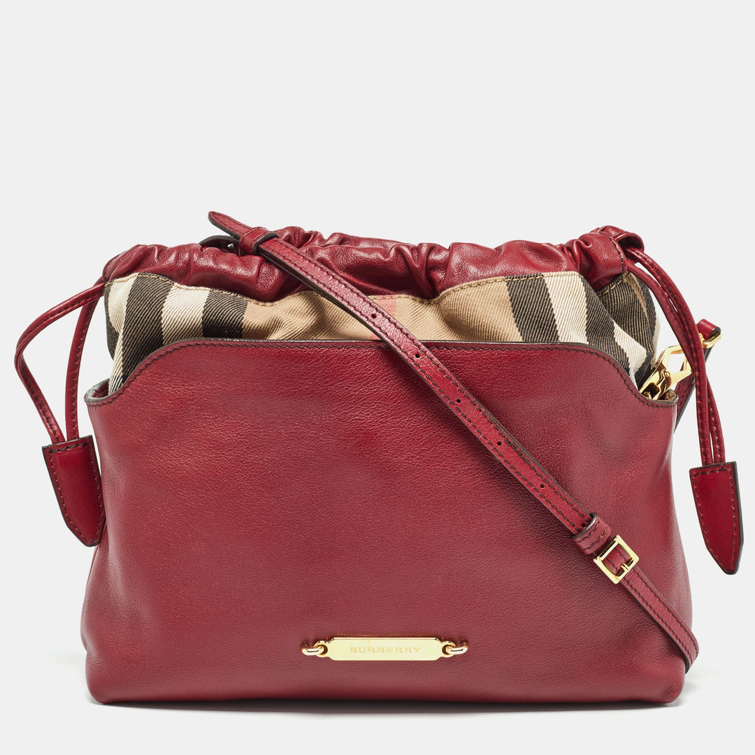 BURBERRY Burgundy/Beige House Check Canvas and Leather Little Crush Crossbody Bag