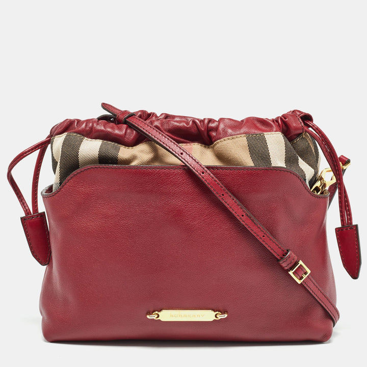 BURBERRY Burgundy/Beige House Check Canvas and Leather Little Crush Crossbody Bag