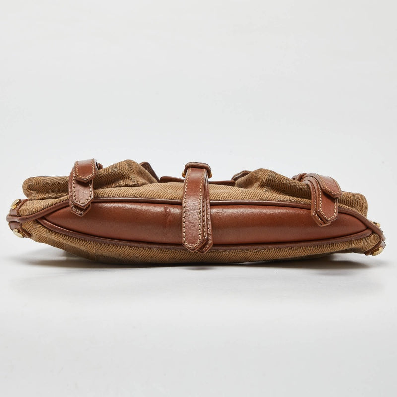 BURBERRY Brown/Beige Haymarket Check Fabric and Leather Double Pocket Shoulder Bag