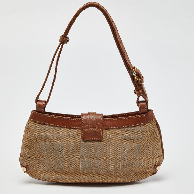 BURBERRY Brown/Beige Haymarket Check Fabric and Leather Double Pocket Shoulder Bag