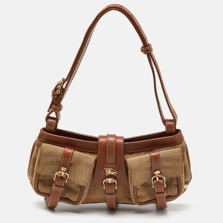 BURBERRY Brown/Beige Haymarket Check Fabric and Leather Double Pocket Shoulder Bag