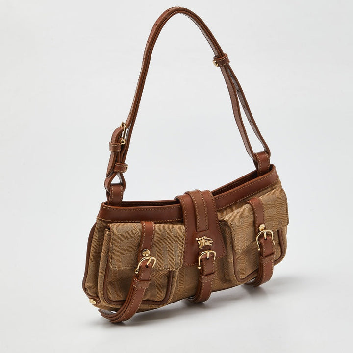 BURBERRY Brown/Beige Haymarket Check Fabric and Leather Double Pocket Shoulder Bag