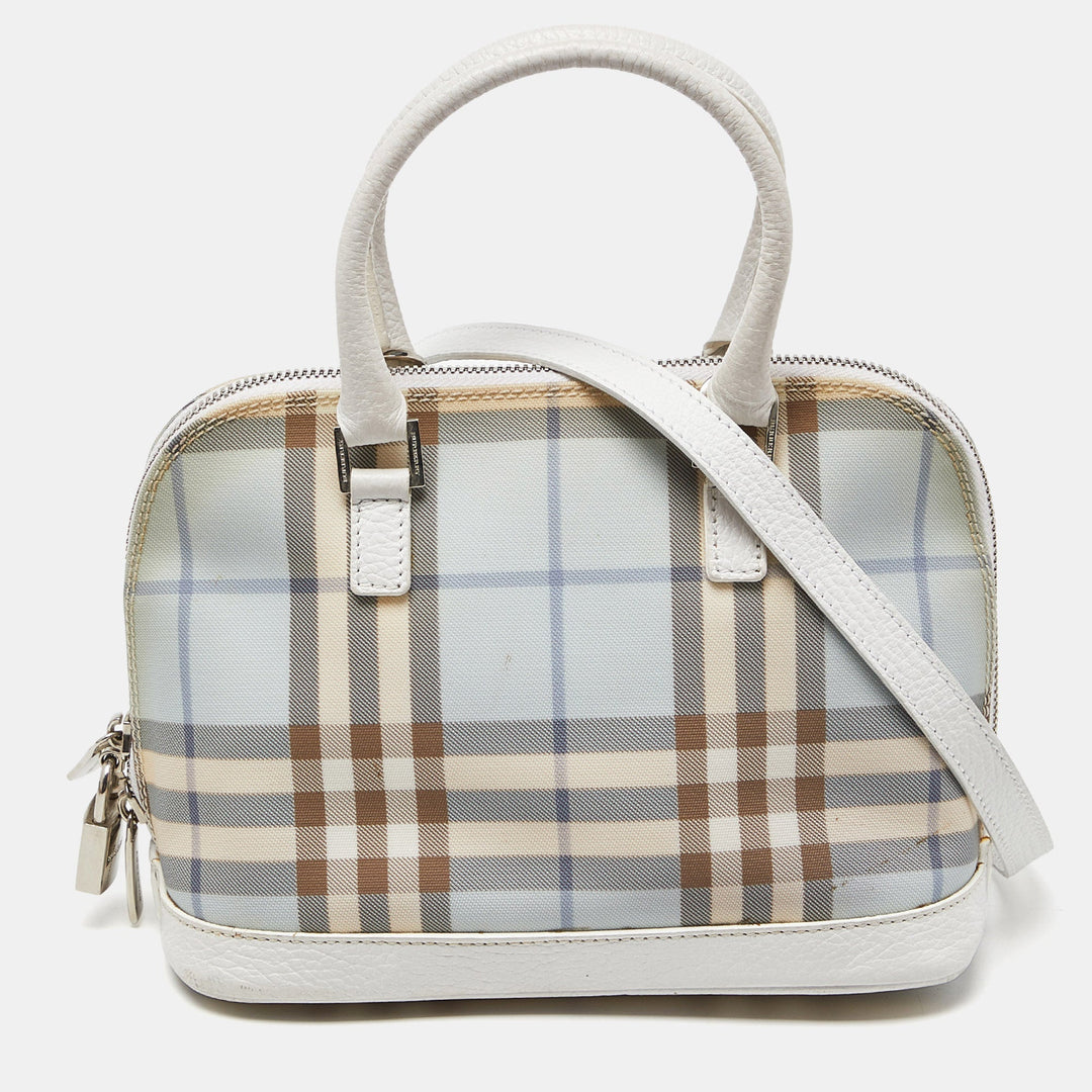 BURBERRY Blue/White House Check PVC and Leather Dome Satchel