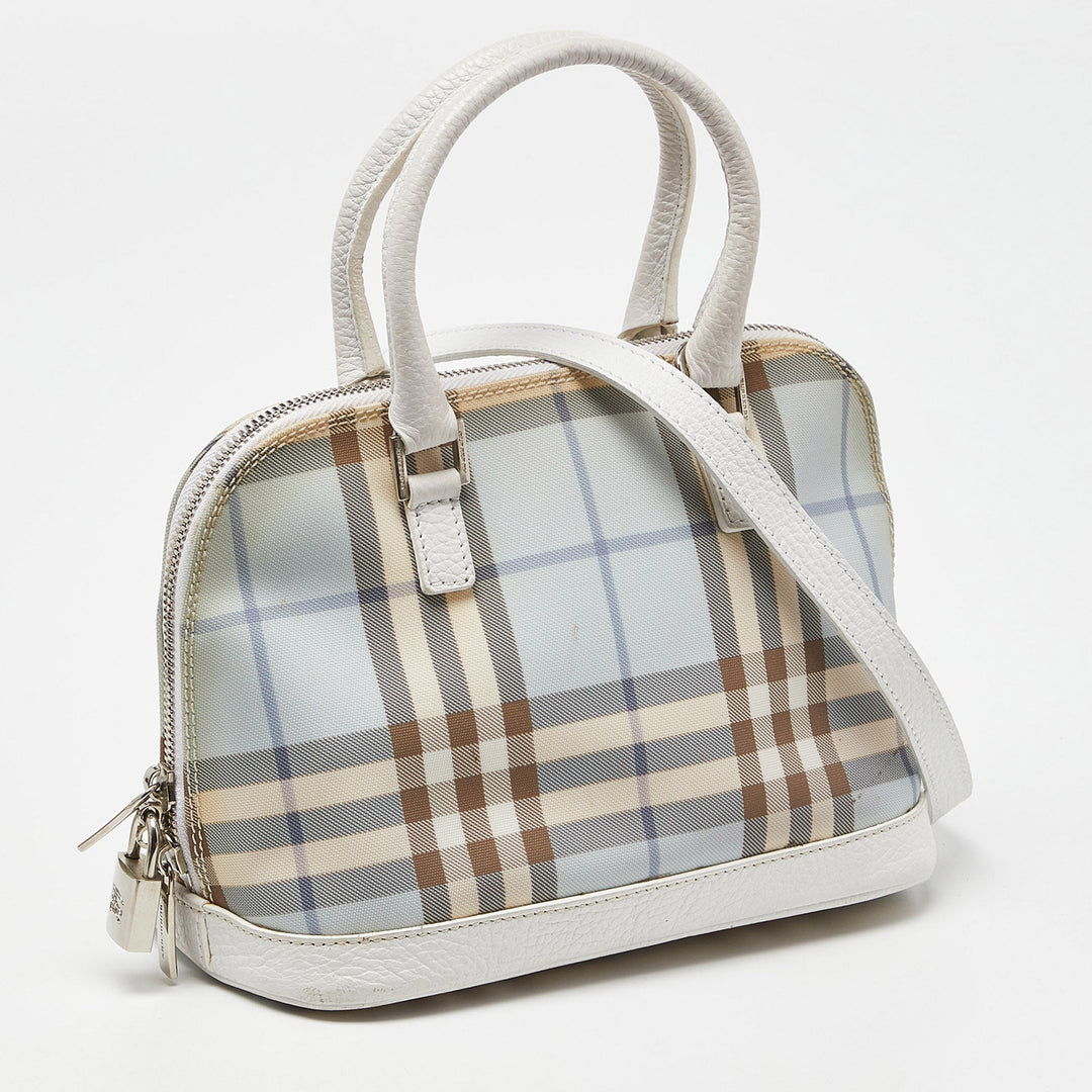 BURBERRY Blue/White House Check PVC and Leather Dome Satchel