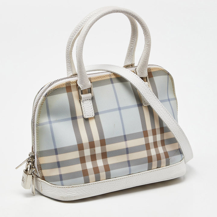 BURBERRY Blue/White House Check PVC and Leather Dome Satchel