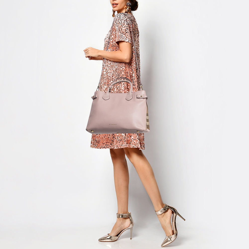 BURBERRY Lilac/Beige Leather and House Check Fabric Medium Banner Tote