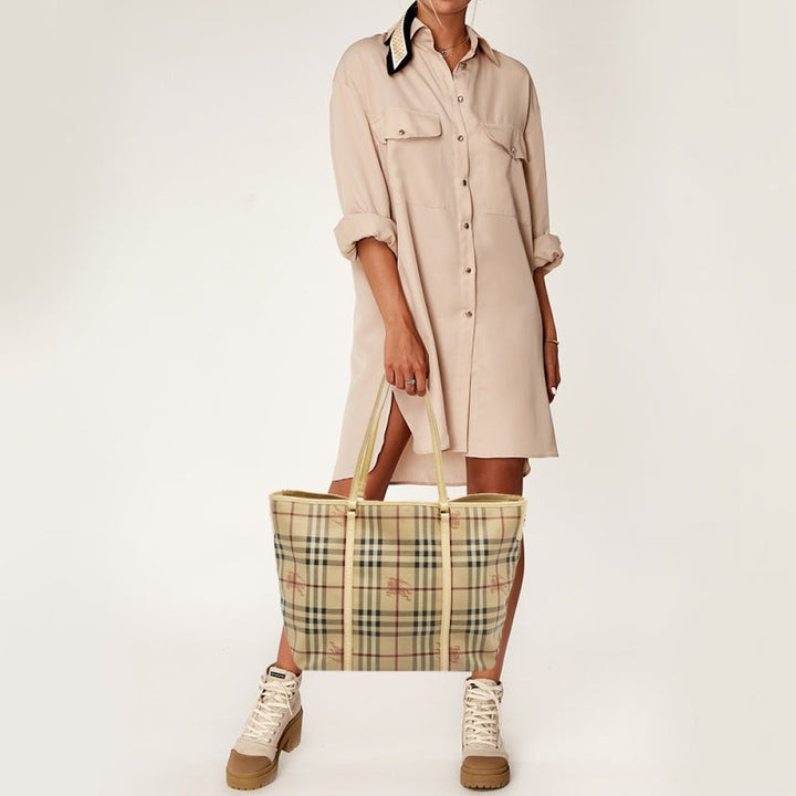 Burberry Light Yellow/Beige Haymarket PVC and Patent Leather Open Tote