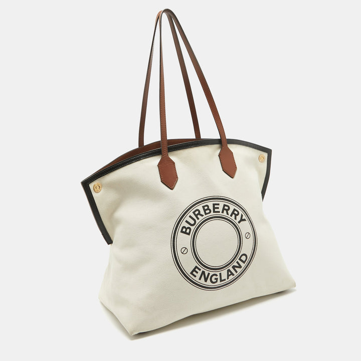 BURBERRY Off White Canvas Large Society Tote